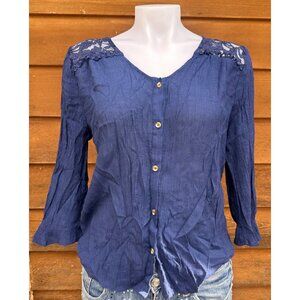 Mine Navy Blue Button Down Blouse Flutter Sleeve Shirt Size L